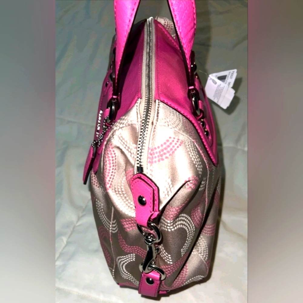 NWT Coach Ashley Pink And Khaki Dotted Canvas And Leather Satchel. PRICE FIRM - Picture 6 of 9